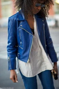 HOT Women's Genuine Blue Lambskin Soft Leather Biker Motorcycle Stylish Jacket - Picture 1 of 9