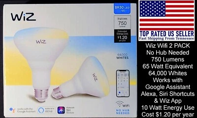 WiZ BR30 WiFi Smart 64,000 Whites LED (2 Pack) 750 Lumen Voice Control 65w Equiv - Image 1 of 4