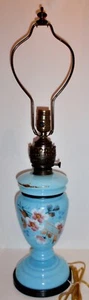 Antique Blue Blown Bristol Glass Hand Painted Floral/Gilt Drop-In Oil Lamp Base - Picture 1 of 13