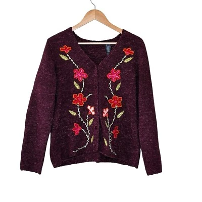 Vintage Crazy Horse Womens Embroidered Floral Cardigan Sweater Size L Cottage - Image 1 of 4