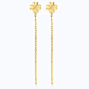 JNK 14K Solid Yellow Gold Windy Flower Long Drop Dangle Threader a Pair Earrings - Picture 1 of 7