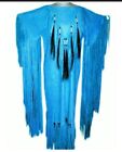 New Women's Blue Native Cow Leather Long Wedding Dress Maxi With Beaded Fringes