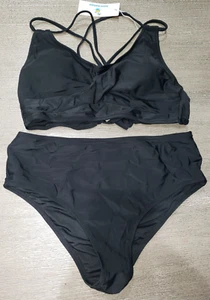 2 pc WOMENS BIKINI size medium SOLID BLACK cross over BRA TOP swim swimming suit - Picture 1 of 2