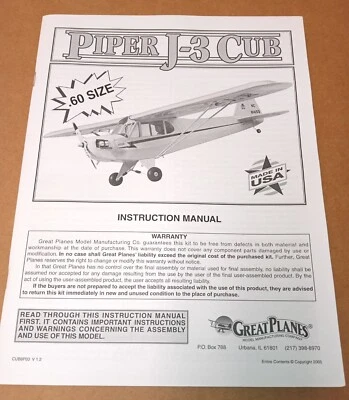 Great Planes Piper J-3 Cub .60 Size Manual Instruction Book CUB6P03 - Image 1 of 4