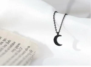 Black Crescent Moon Silver Pave Cubic Zirconia Pendant Chain Necklace - Picture 1 of 2