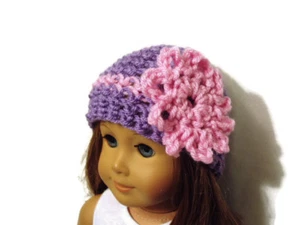 Crochet Hat Fits American Girl Dolls 18" Doll Clothes Purple w/ Pink Flower - Picture 1 of 3