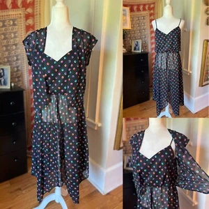 Secretary meets DISCO SHEER BLACK Vintage 1970s DRAPED SUMMER DRESS small - Picture 1 of 10