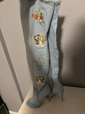 Women's Denim Over Knee Boots Sexy Stiletto High Heels Peep Toe Side Zip 8M - Image 1 of 4