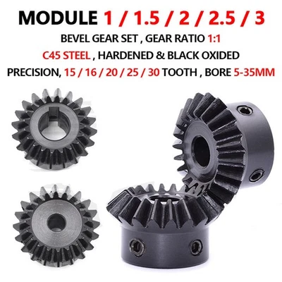 Juego de engranajes cónicos módulo de acero C45 1/1,5/2/2,5/3 90° 1:1 emparejamiento 15/20/25/30 dientes Foto 1 de 4