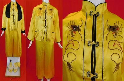 Vintage 1940s Japanese Yellow Nylon Gold Couching Embroidered Dragon Pajamas Set - Image 1 of 4