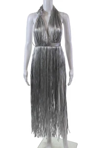 Area Womens Metallic Fringed Texture Halter Sleeveless Midi Dress Silver Size XS - Picture 1 of 7