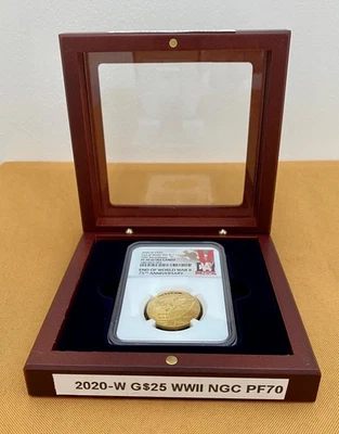 2020 End of World War II 75th Anniversary  W $25 Gold Medal PF70  V  LABEL - Image 1 of 4