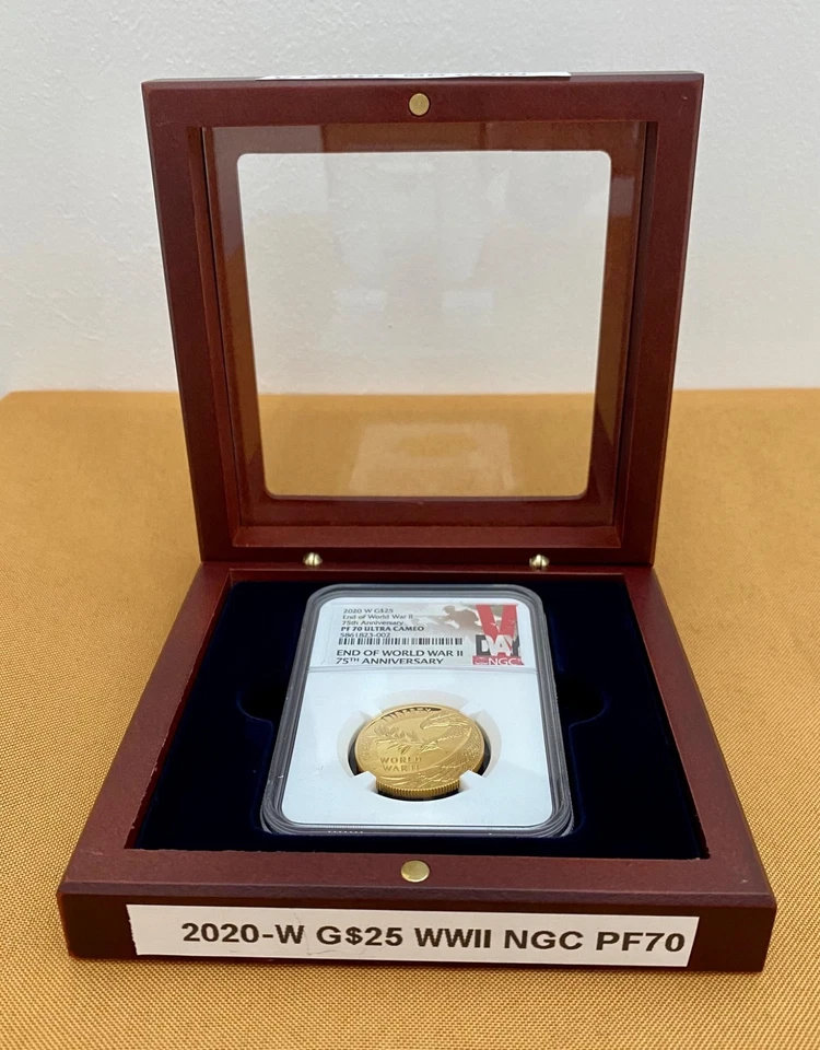 2020 End of World War II 75th Anniversary  W $25 Gold Medal PF70  V  LABEL - Image 1 of 4