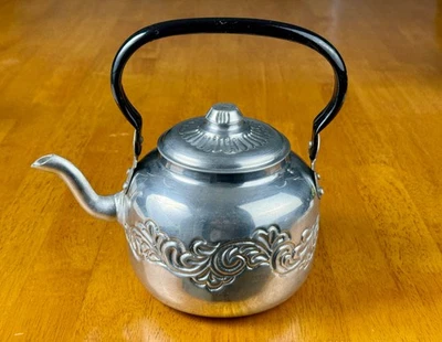 VTG Handmade Filete Embossed Aluminum Tea Kettle Made in Argentina Silver Floral - Image 1 of 4