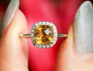 2Ct Cushion Cut Lab-Created Citrine Women Engagement Ring 14K White Gold Plated - Picture 1 of 5