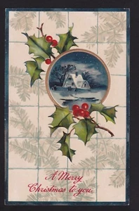 um 1912 PFB geprägte Schneeszene Stechpalme Weihnachten Postkarte - Bild 1 von 2