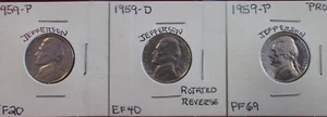 1959-P VERY FINE / 1959-D EXTRA FINE / 1959-P PROOF JEFFERSON NICKELS - Picture 1 of 6