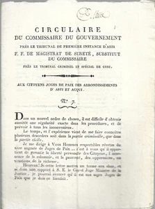 Circulaire du Commissaire - Suretè Juges de Paix - Istruzioni 1804 Asti e Acqui - Picture 1 of 2