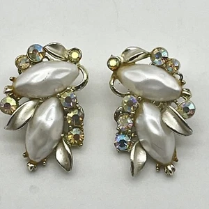 Vintage BSK Faux Pearl Clip On Earrings AB Rhinestone Huggie Formal Signed - Picture 1 of 5