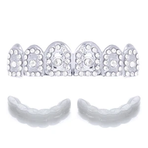 Hip Hop Silver Plated CZ Stone Mouth Caps 6 TOP GRILLZ Teeth L014 S 1 Ex Mold - Picture 1 of 3