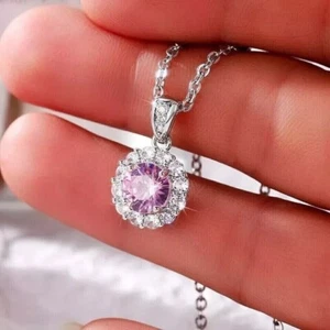2CT Round Cut Lab-Created Pink Sapphire Women's Pendant 14K White Gold Plated - Picture 1 of 3