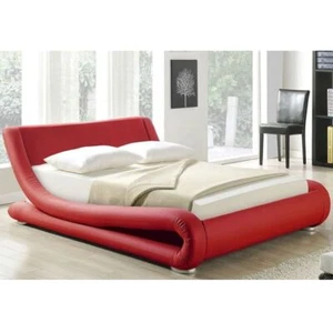 King size Modern Red Faux Leather Upholstered Platform Bed with Curved Headboar - Picture 1 of 3