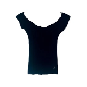 Vintage Guess Marciano Damen XS Y2K Top Stretch Schwarz Schulterfrei Rüschen - Bild 1 von 5