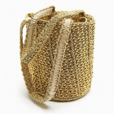 ZARA Bolso Mini Shopper Gold Beaded Bucket Bag. New Without Tags - Image 1 of 4