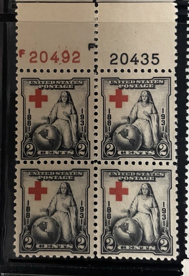 Scott 702, 2c Red Cross, Plate block/4, Top #s20492(R)/20435(B) MNH Free Ship - Image 1 of 1