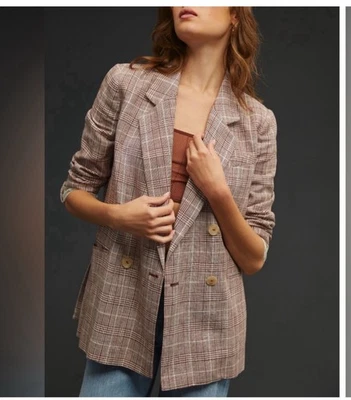 Blazer Maeve by Anthropologie Marrón Ligero Doble Botonadura a Cuadros Talla 10 Foto 1 de 4