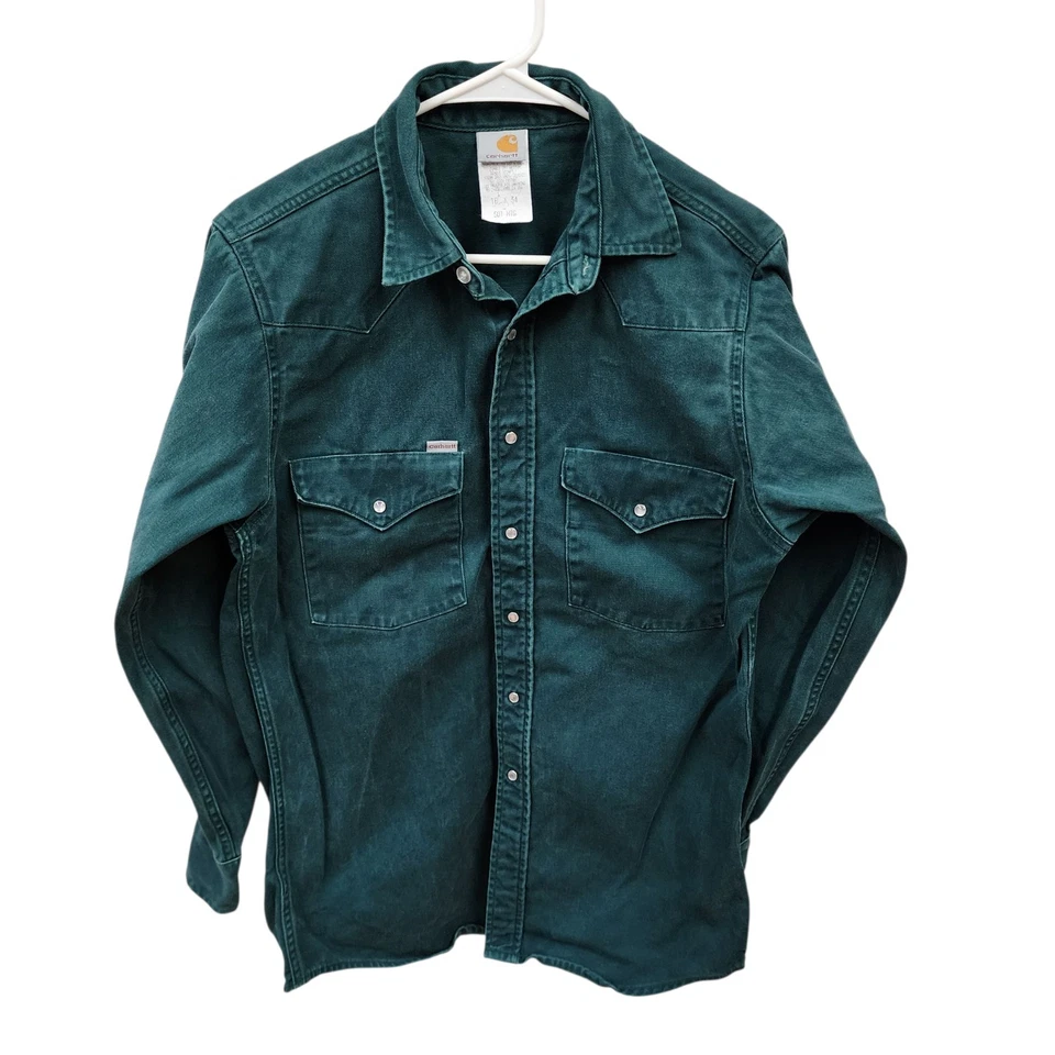 Camisa CARHARTT Vintage BRUSHPOPPER Perla Broches de presión VERDE - Talla 16 X 34 Hecha en EE. UU. Foto 1 de 4