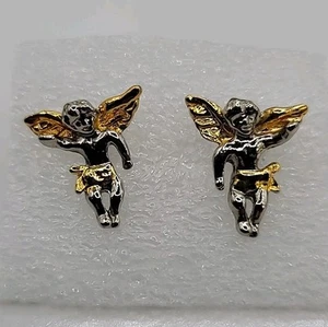 Gold Silver Tone Cherub Guardian Angel Stud Pierced Earrings - Picture 1 of 6