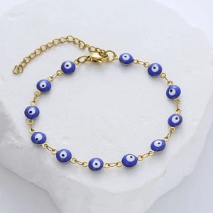 Minimalistisches Blau & Gold Perlen Evil Eye Spirituelles Boho Schutz Armband NEU - Bild 1 von 2