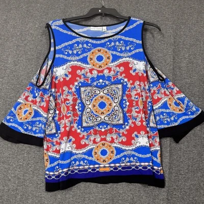 Camisa Susan Graver Para Mujer XL Roja Azul Dorado Hombro Frío Elastizada Paisley Top Foto 1 de 4