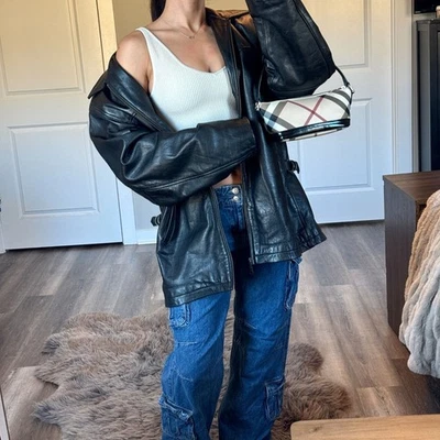 Chaqueta forrada con edredón de cuero de roble vintage XL 90 pesada motociclista negra Foto 1 de 4