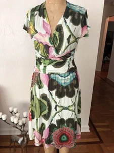 Lebendiges exotisches Blumen DESIGUAL Viskose Jersey Fit Flare Flatterärmel Kleid M - Bild 1 von 11