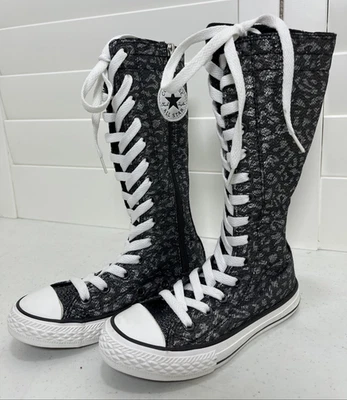Converse Knee Hi Sneakers Youth 11 Chuck Taylors Black Canvas Cheeta 640542C - Image 1 of 4