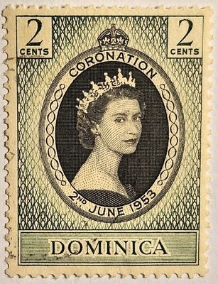 Dominica, Coronación de Isabel II, 2 centavos usado con fecha 2 de junio de 1953, ¡ENVÍO RÁPIDO! Foto 1 de 3