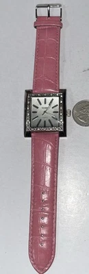 Bijoux Terner quartz Square , Rhinestone bezel, pink faux-crocodile leather band - Image 1 of 4