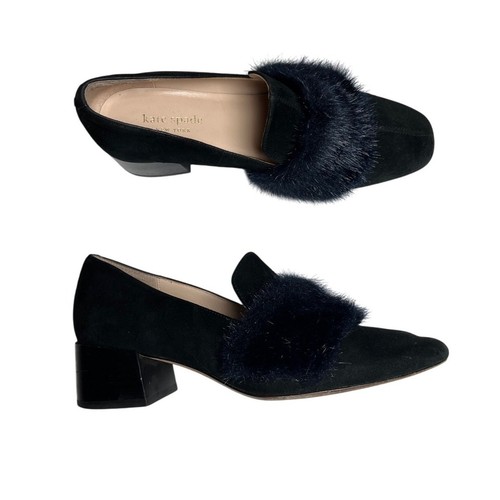 Mocassini Kate Spade Gama pelliccia sintetica scamosciata 6 5 m nero tacco a blocco preppy eccentrici