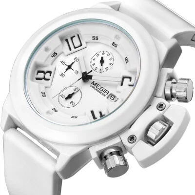 Relógios masculinos MEGIR movimento quartzo estojo de liga pulseira de silicone branco 2002G - Imagem 1 de 4