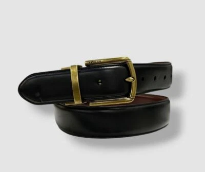 Tommy Hilfiger 男式黑色棕色双面人造皮革扣带 尺寸 M 34-36 — 第 1/3 张图片