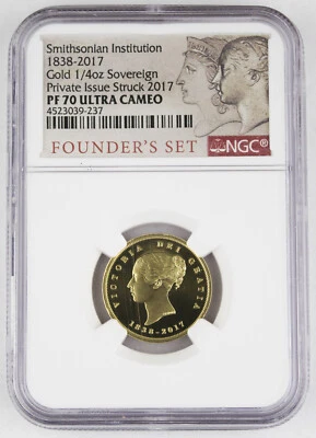 Smithsonian 1838-2017 1/4 Oz Gold Sovereign Proof Private Issue Coin NGC PF70 UC - Image 1 of 4