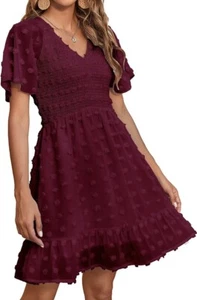 BTFBM Women's V Neck Smocked S/S Dress Swiss Dot Ruffle Hem Size XL - Wine Red - Picture 1 of 6