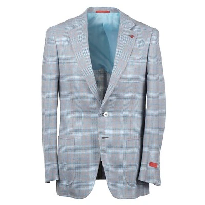 Isaia Gray and Aqua Blue Check Wool-Silk-Linen Sport Coat 38R (Eu 48) - Image 1 of 4