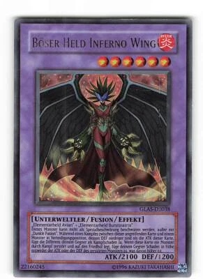 Yugioh BÖSER HELD INFERNO WING , glas-de038 Ultra Rare deutsch Near Mint  - Bild 1 von 2
