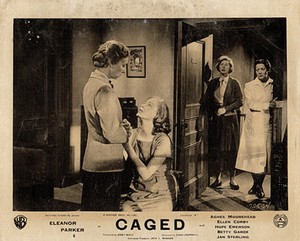 Caged 1950 original lobby card Eleanor Parker begs Agnes Moorehead for mercy
