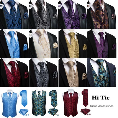 Red Paisley Mens Waistcoats Black Suit Vest Tie Set Wedding Dress Tuxedo V - Image 1 of 2