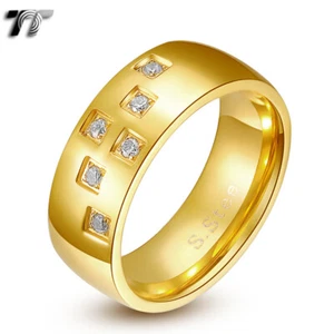 TT Gold-Tone Stainless Steel Multi-CZ Wedding Band Comfort fit Ring (R202) - Picture 1 of 1