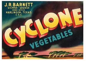 ETIQUETA DE CAJA ORIGINAL DE COLECCIÓN 5X7 CICLÓN TWISTER TORNADO TEXAS DÉCADA 1940 HARLINGEN - Imagen 1 de 1